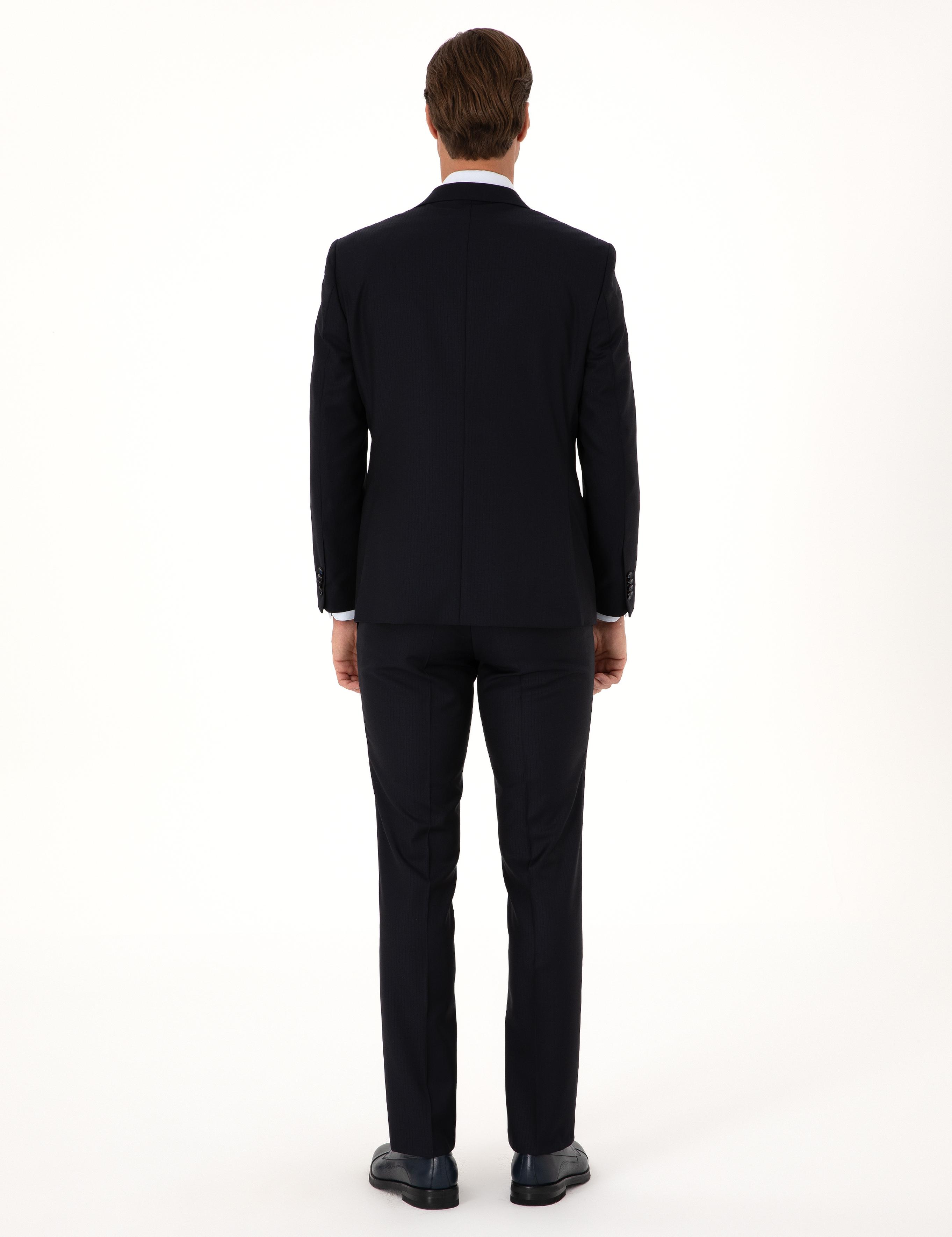 Lacivert Slim Fit %100 Yün Çizgili Takım Elbise