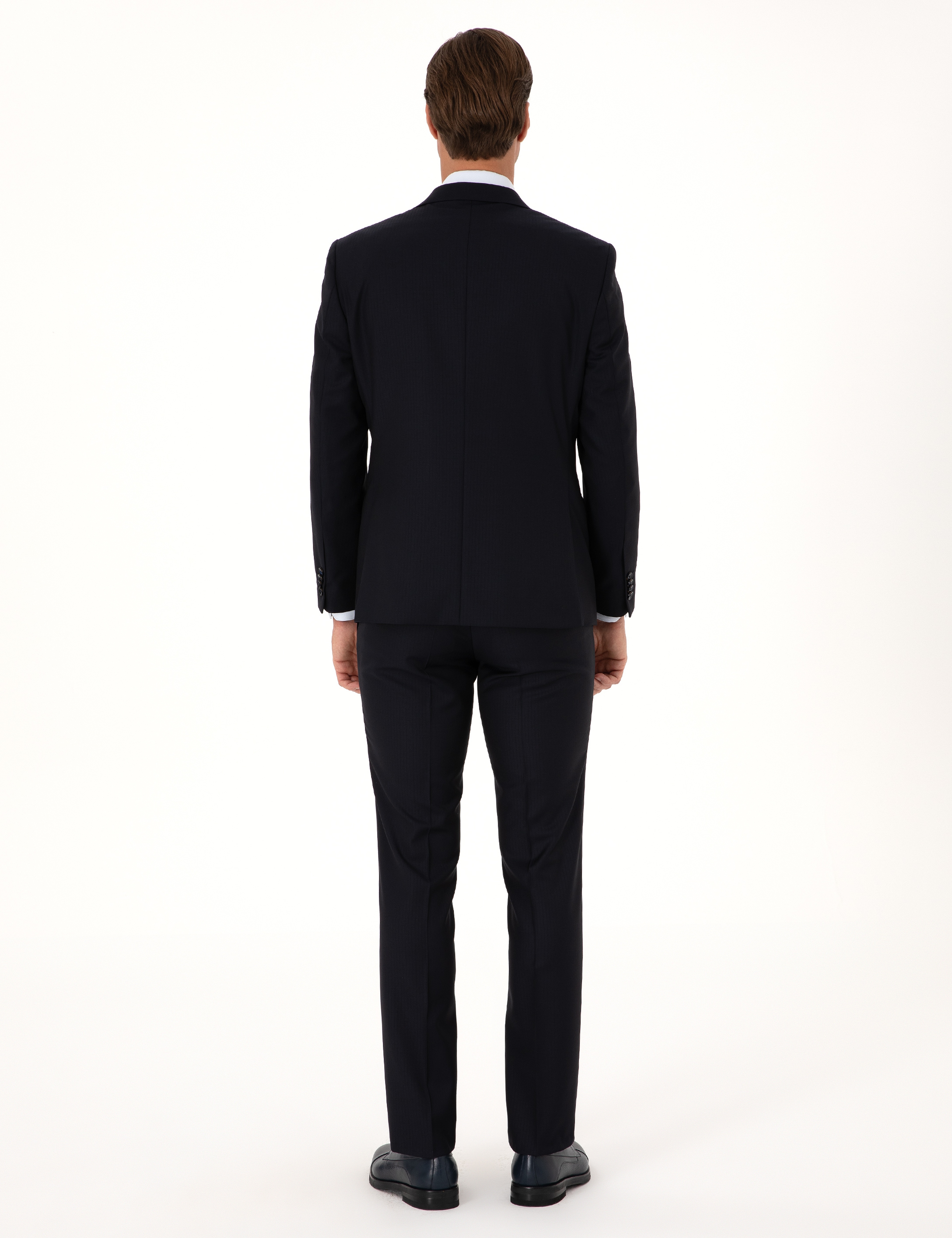 Lacivert Slim Fit %100 Yün Çizgili Takım Elbise