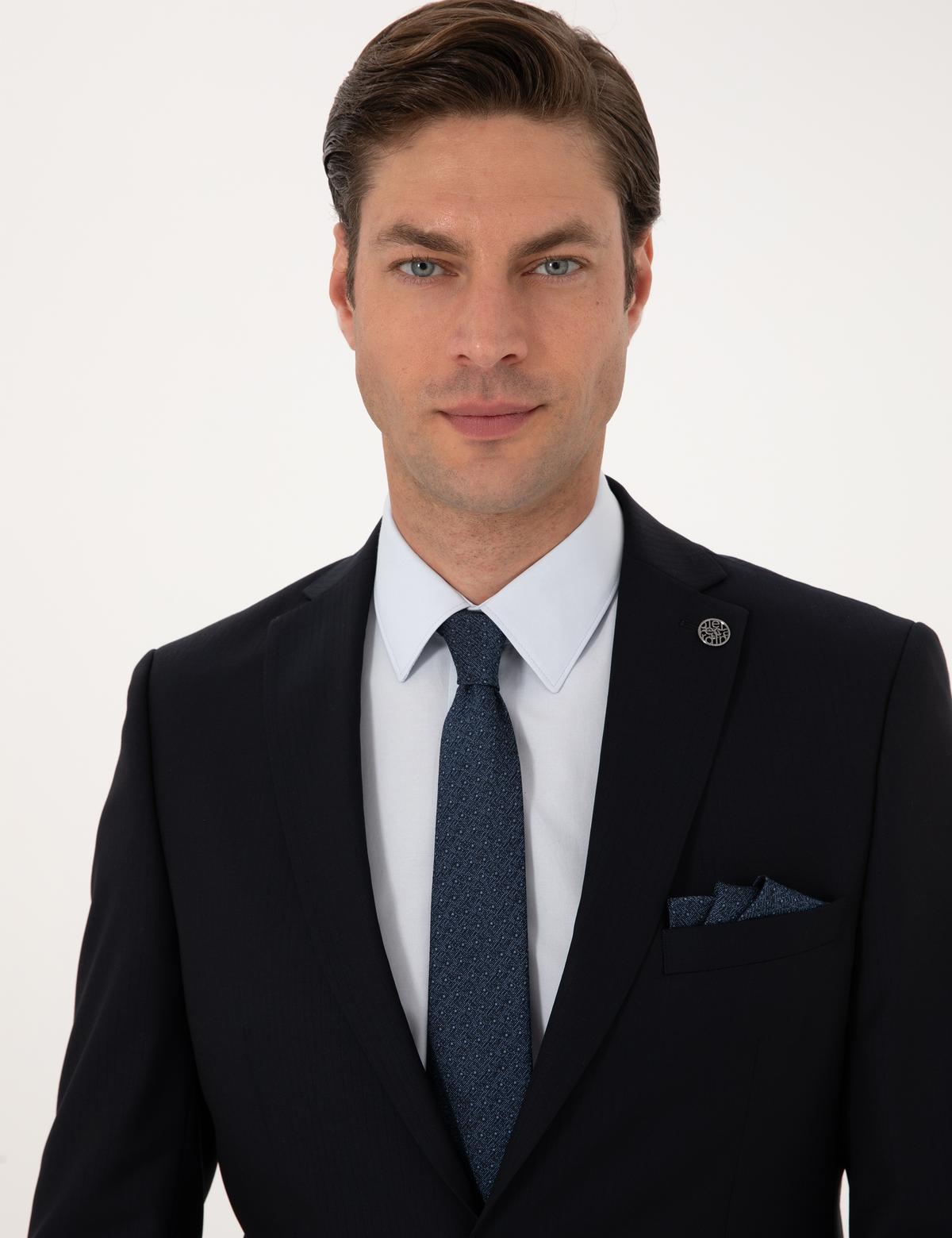 Lacivert Slim Fit %100 Yün Çizgili Takım Elbise - 50311239014