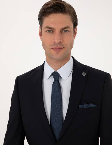 Lacivert Slim Fit %100 Yün Çizgili Takım Elbise