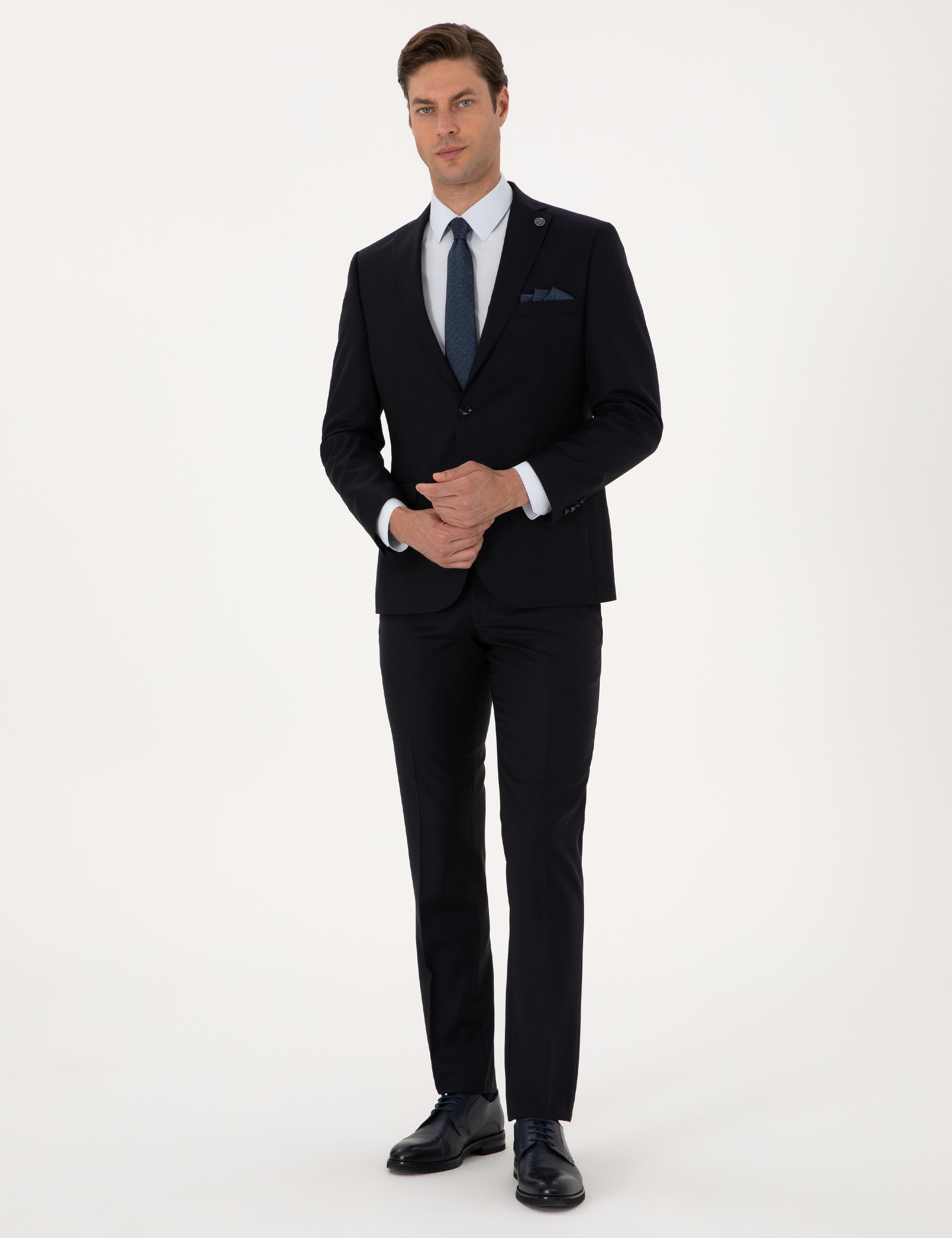 Lacivert Slim Fit %100 Yün Çizgili Takım Elbise