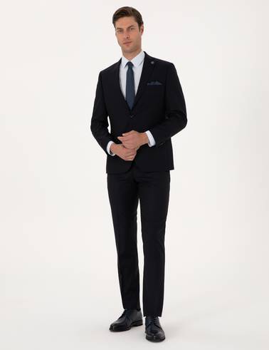 Lacivert Slim Fit %100 Yün Çizgili Takım Elbise