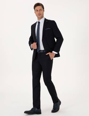 Lacivert Slim Fit %100 Yün Çizgili Takım Elbise