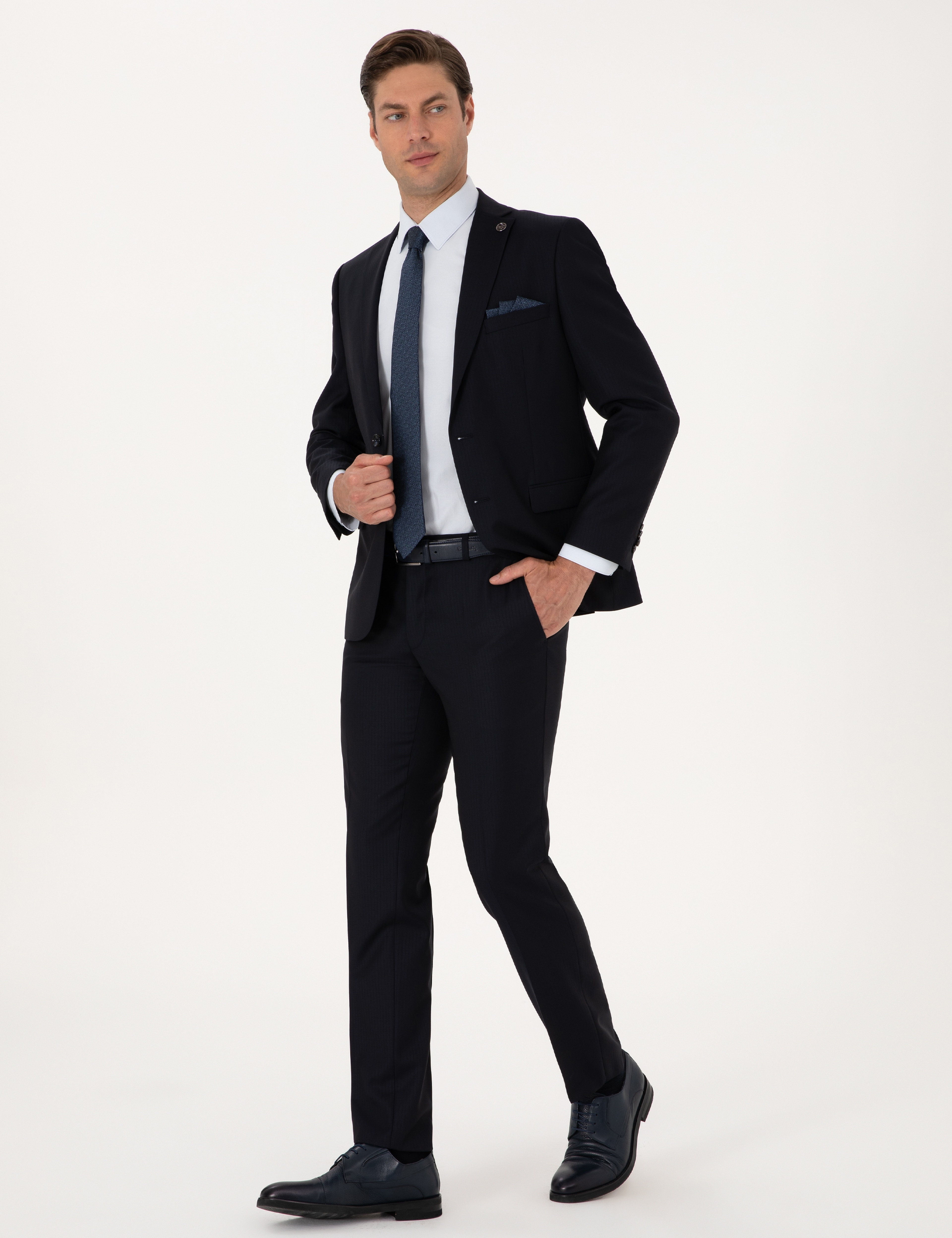 Lacivert Slim Fit %100 Yün Çizgili Takım Elbise