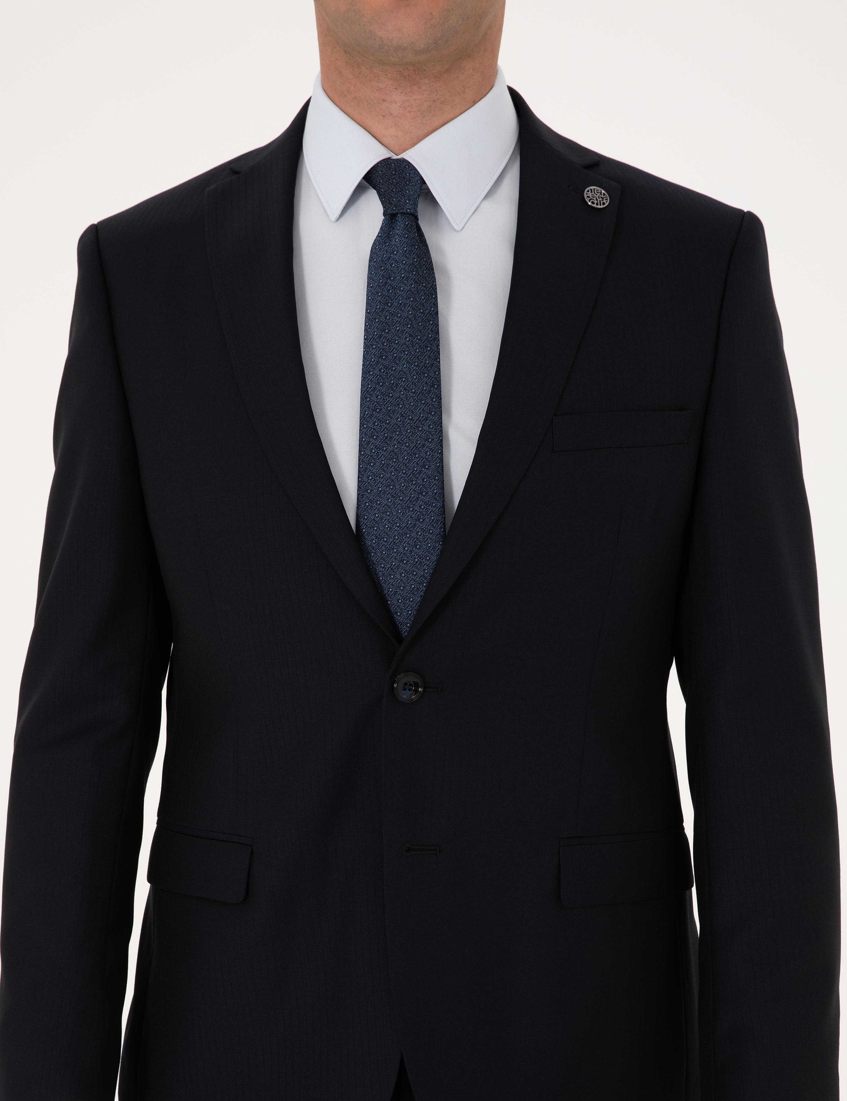 Lacivert Slim Fit %100 Yün Çizgili Takım Elbise