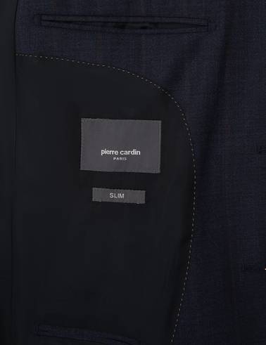 Lacivert Slim Fit %100 Yün Çizgili Takım Elbise
