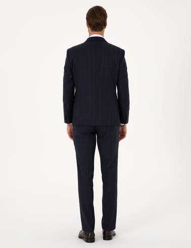 Lacivert Slim Fit %100 Yün Çizgili Takım Elbise