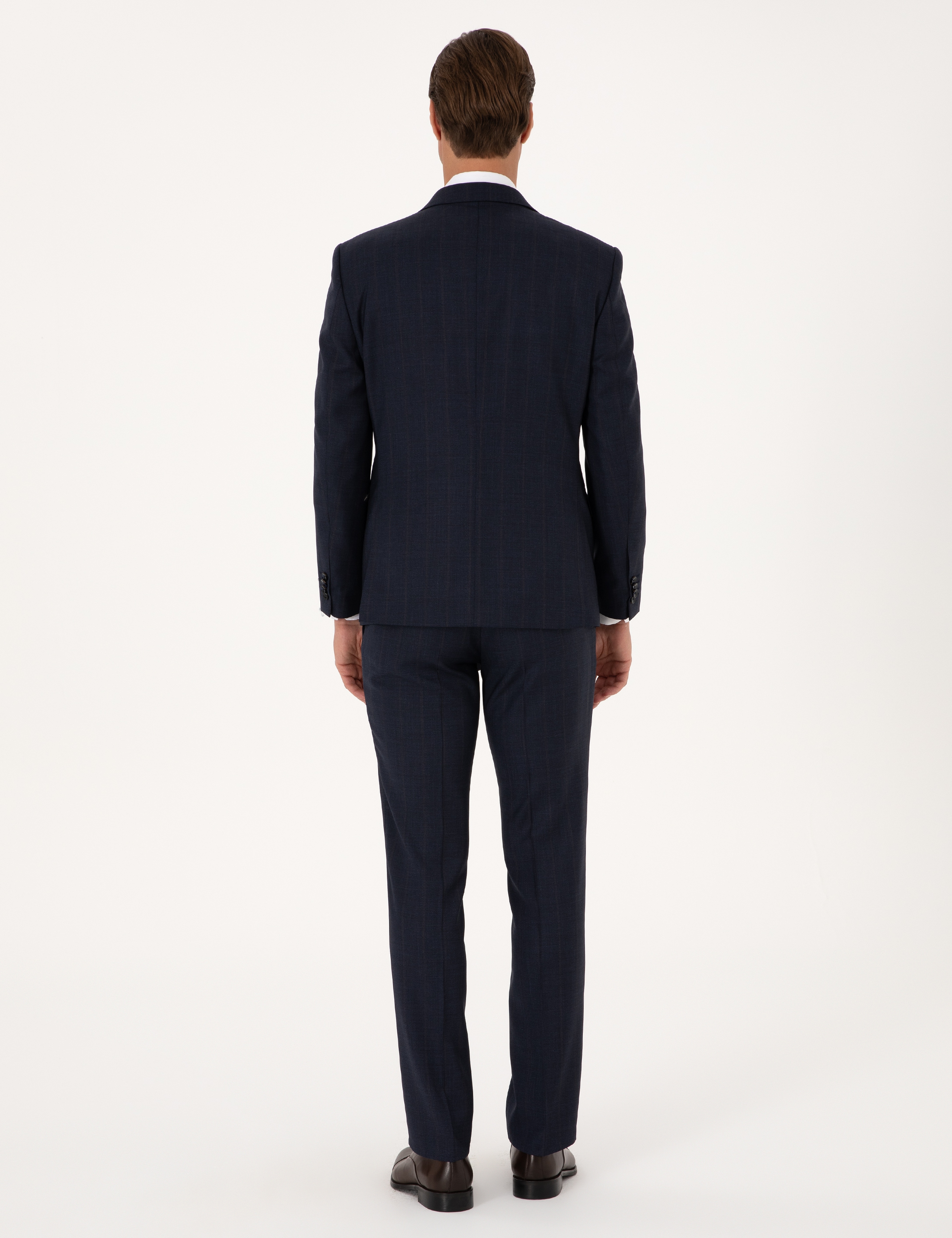 Lacivert Slim Fit %100 Yün Çizgili Takım Elbise