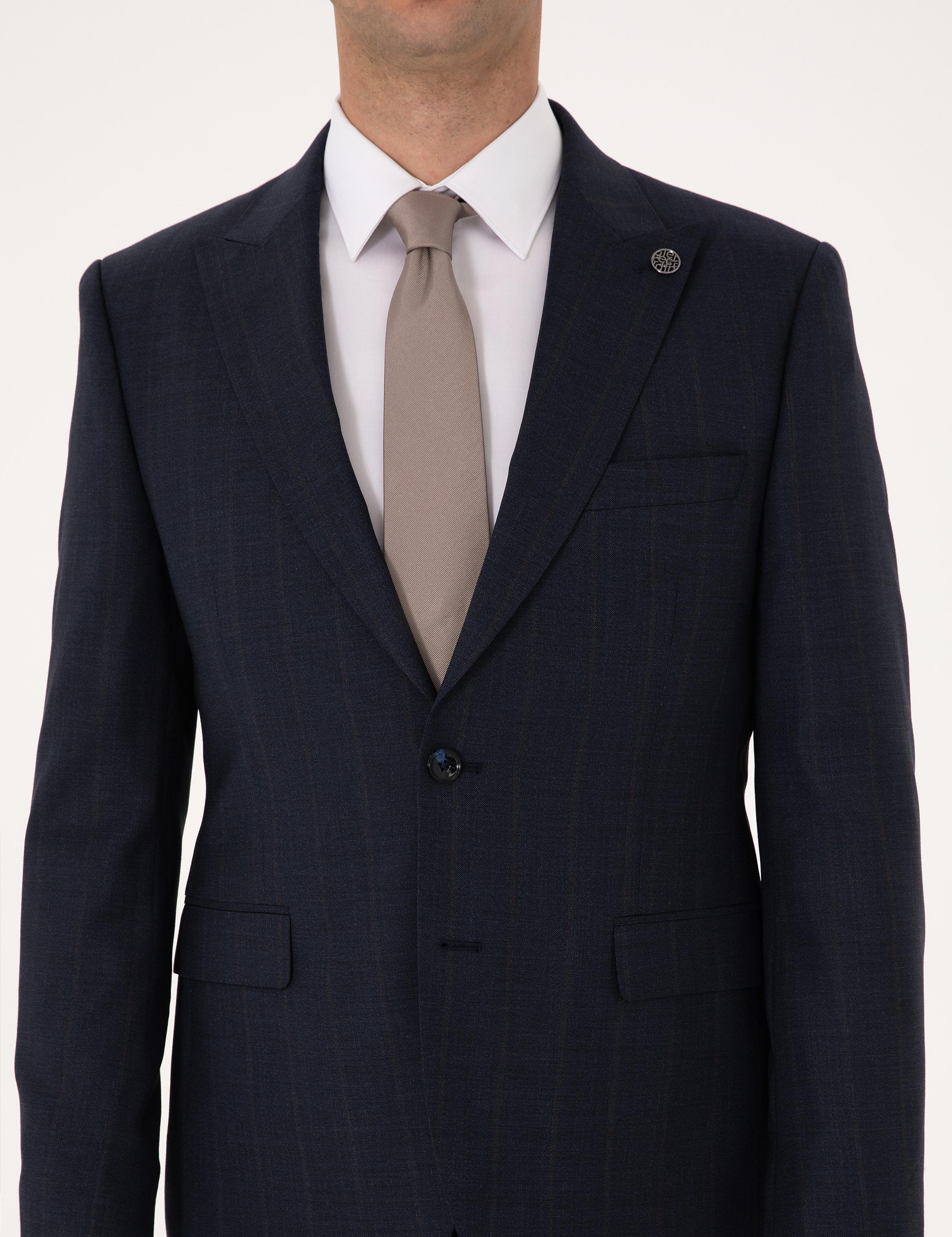 Lacivert Slim Fit %100 Yün Çizgili Takım Elbise