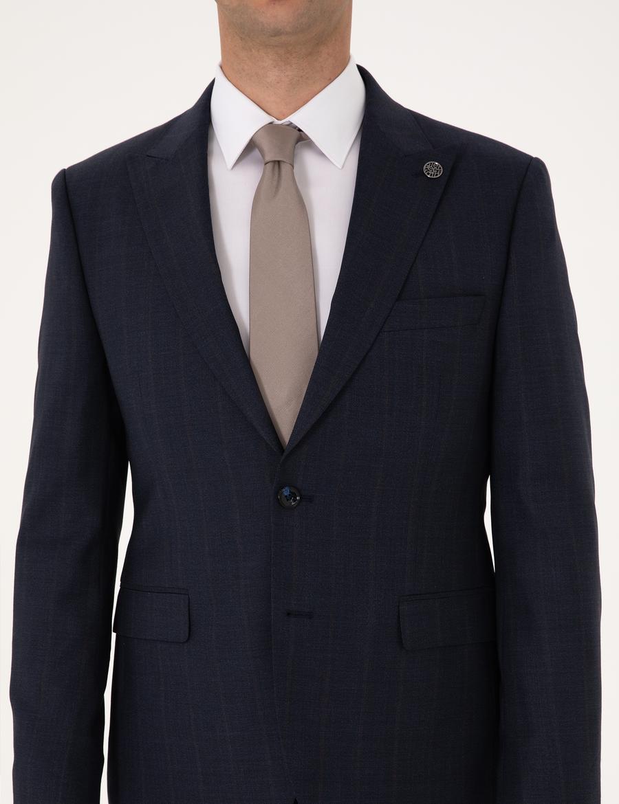 Lacivert Slim Fit %100 Yün Ekose Takım Elbise