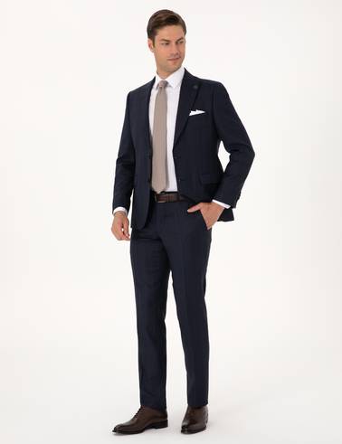 Lacivert Slim Fit %100 Yün Çizgili Takım Elbise