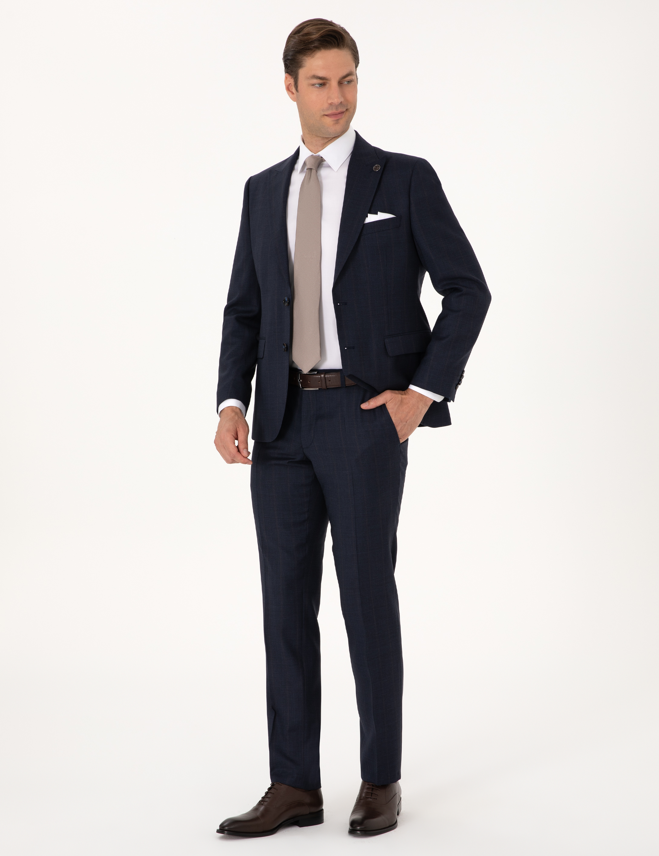 Lacivert Slim Fit %100 Yün Çizgili Takım Elbise - Image 4