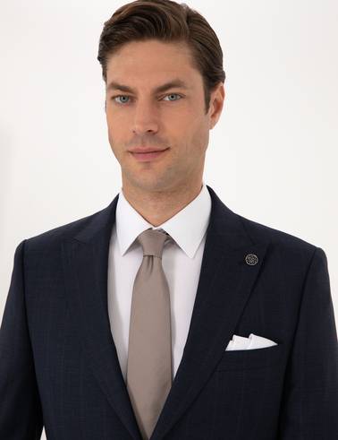 Lacivert Slim Fit %100 Yün Çizgili Takım Elbise