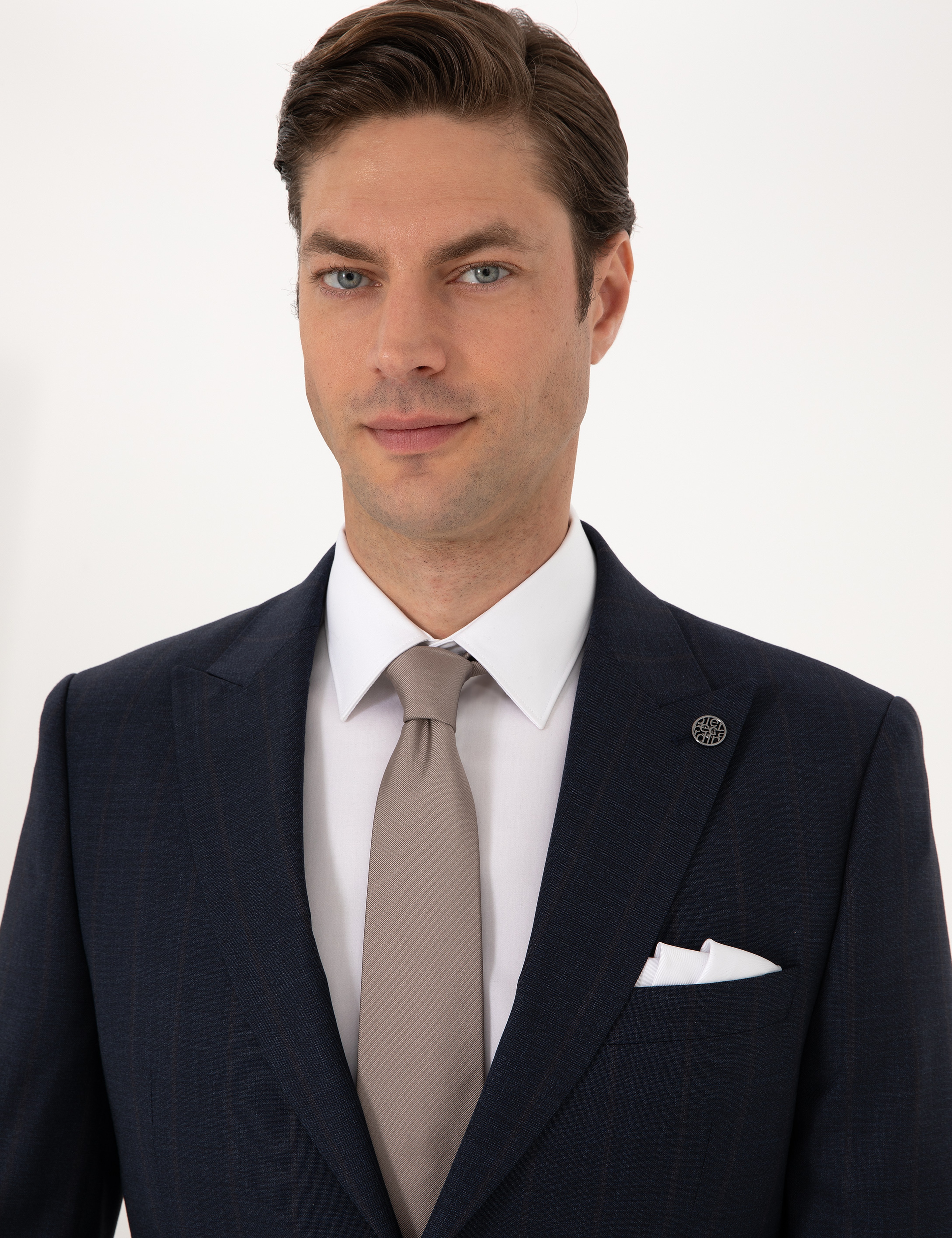 Lacivert Slim Fit %100 Yün Çizgili Takım Elbise