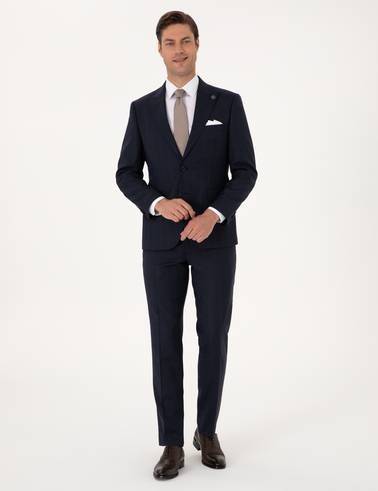 Lacivert Slim Fit %100 Yün Çizgili Takım Elbise