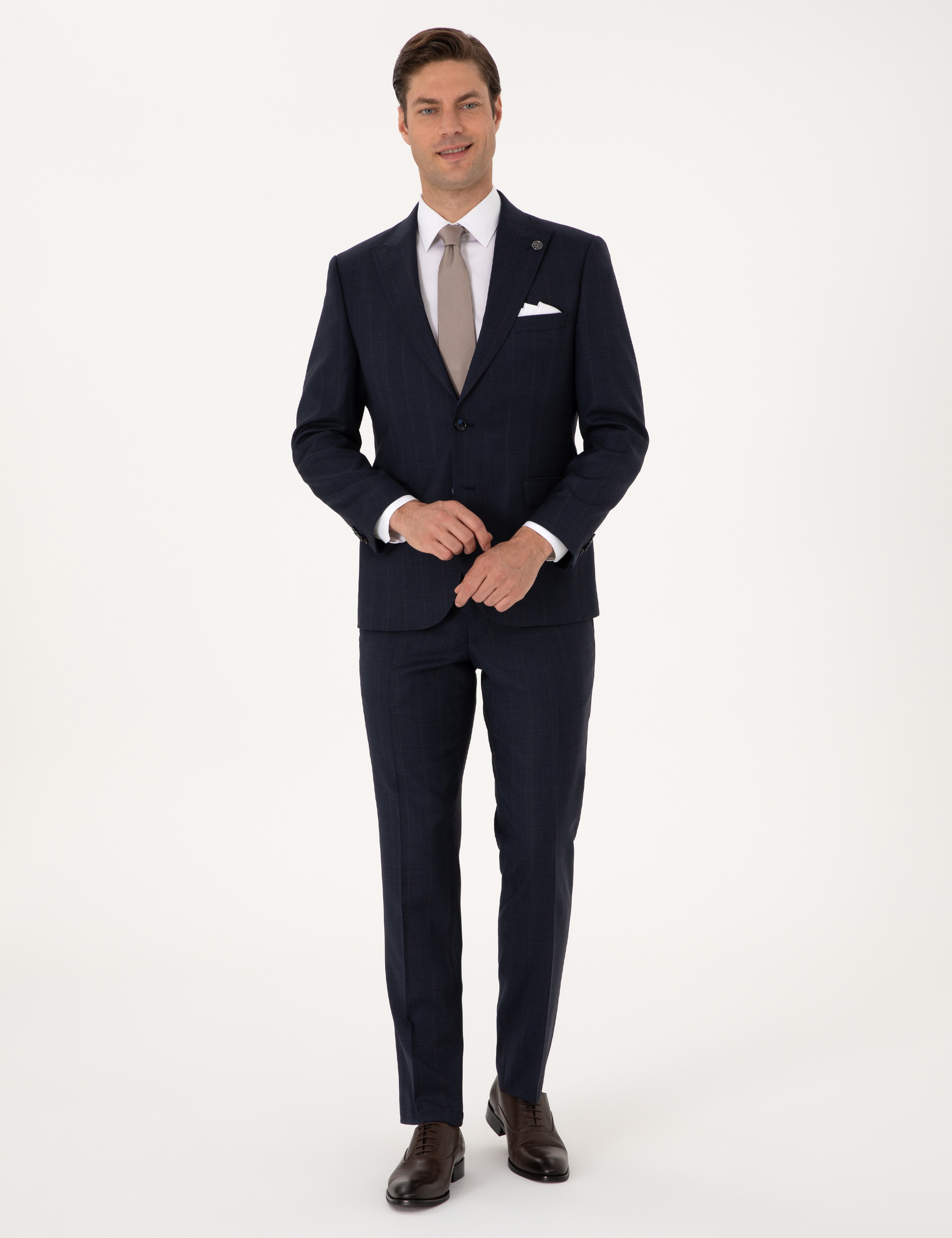 Lacivert Slim Fit %100 Yün Çizgili Takım Elbise