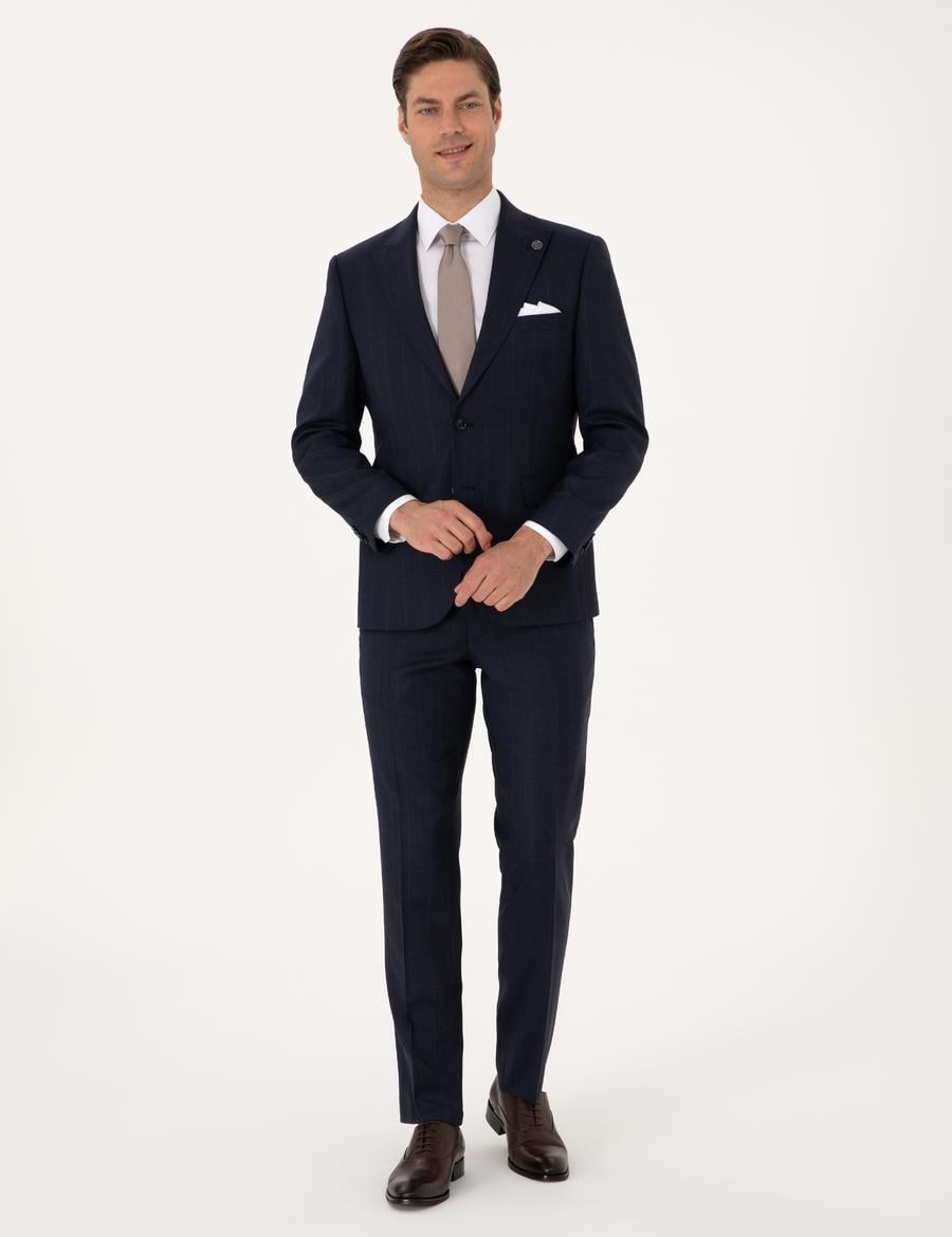 Lacivert Slim Fit %100 Yün Ekose Takım Elbise