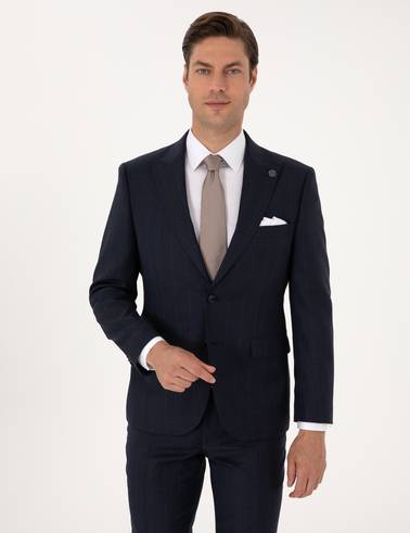 Lacivert Slim Fit %100 Yün Çizgili Takım Elbise