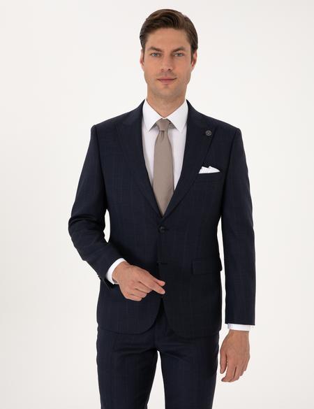 Lacivert Slim Fit %100 Yün Çizgili Takım Elbise - 50311210026