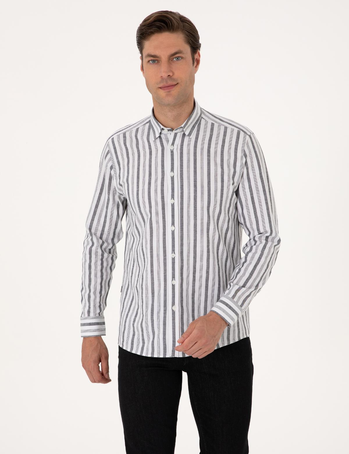 Siyah Regular Fit Çizgili Uzun Kollu Gömlek