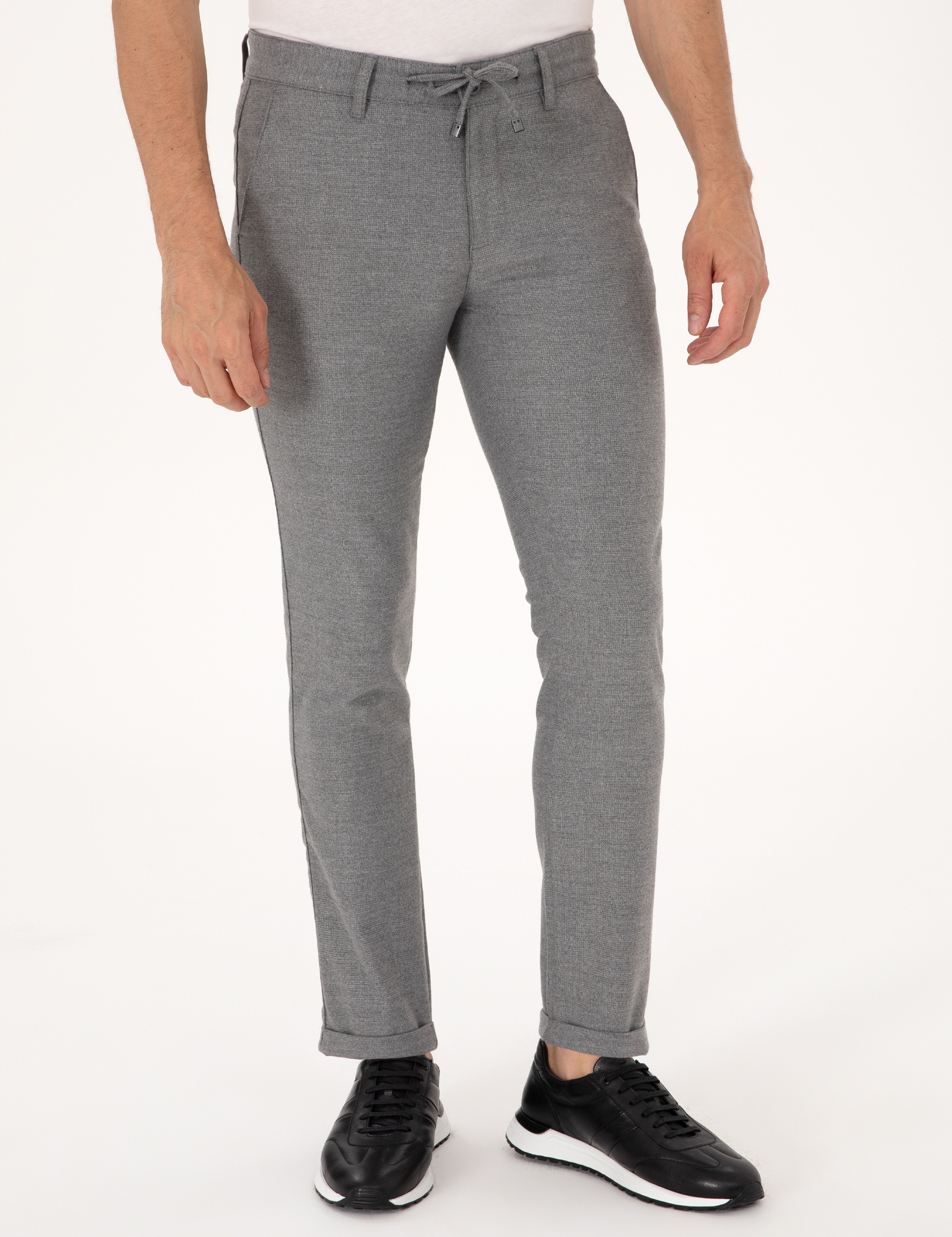 Gri Slim Fit Kordonlu Kanvas Pantolon - Image 2