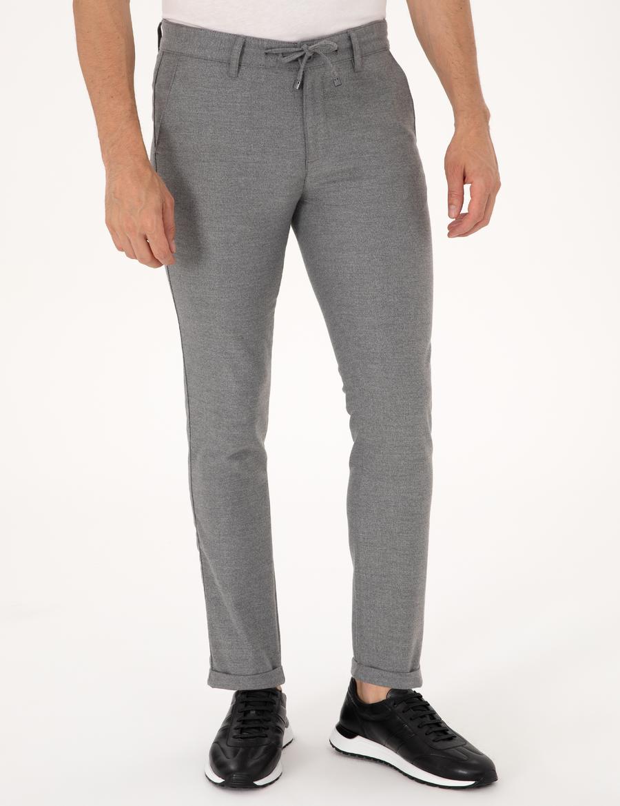 Gri Slim Fit Kordonlu Kanvas Pantolon