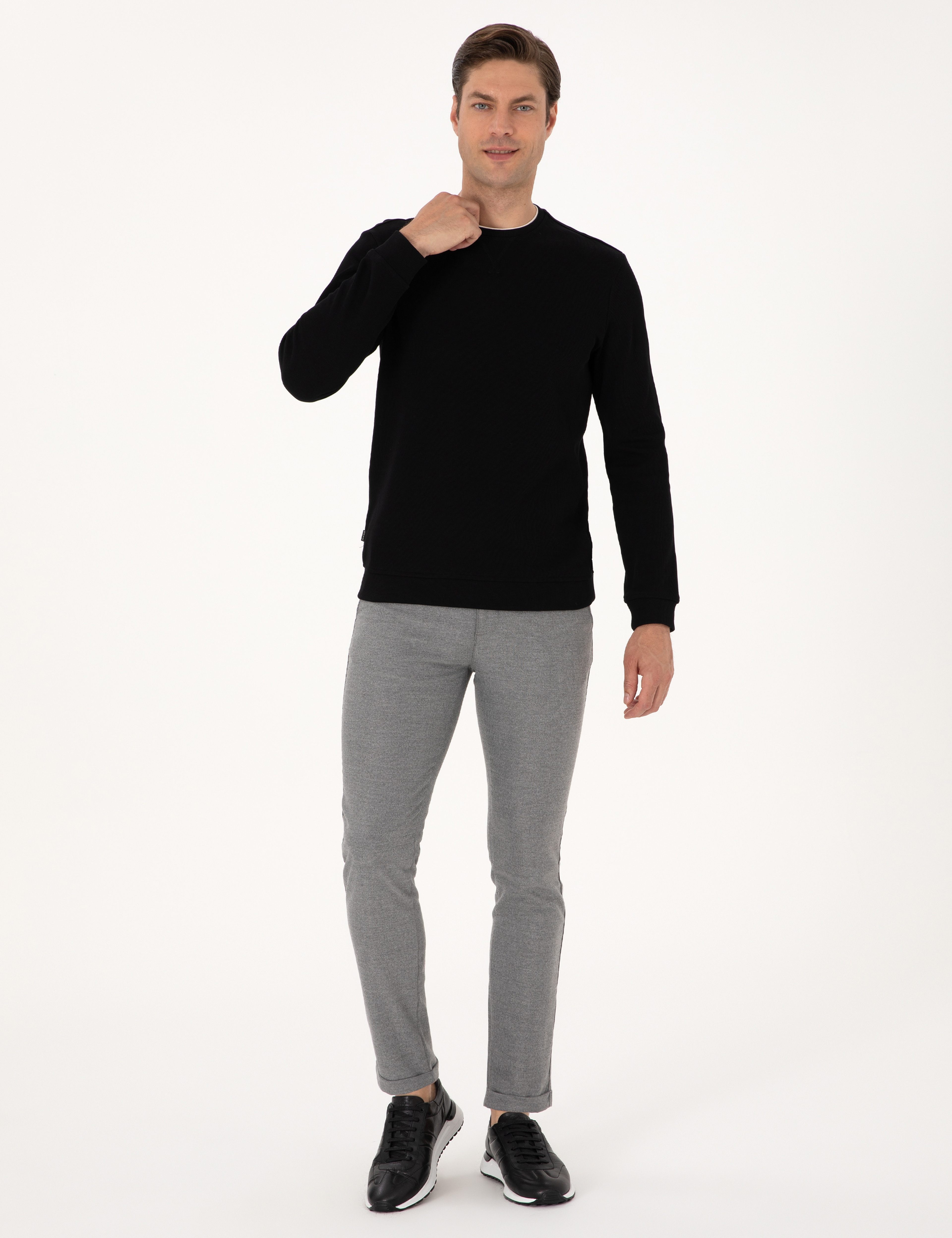 Gri Slim Fit Kordonlu Kanvas Pantolon - Image 1