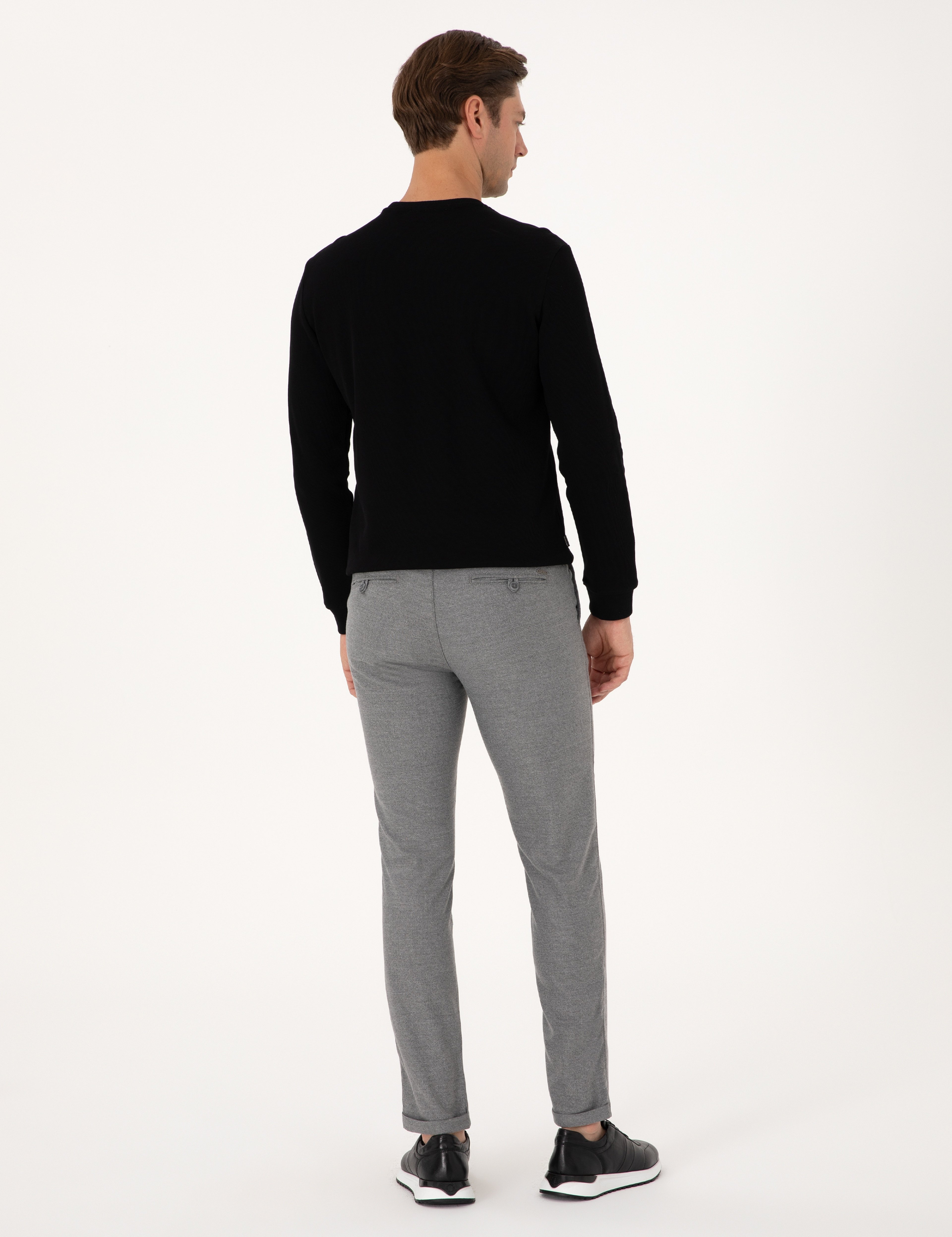 Gri Slim Fit Kordonlu Kanvas Pantolon - Image 4