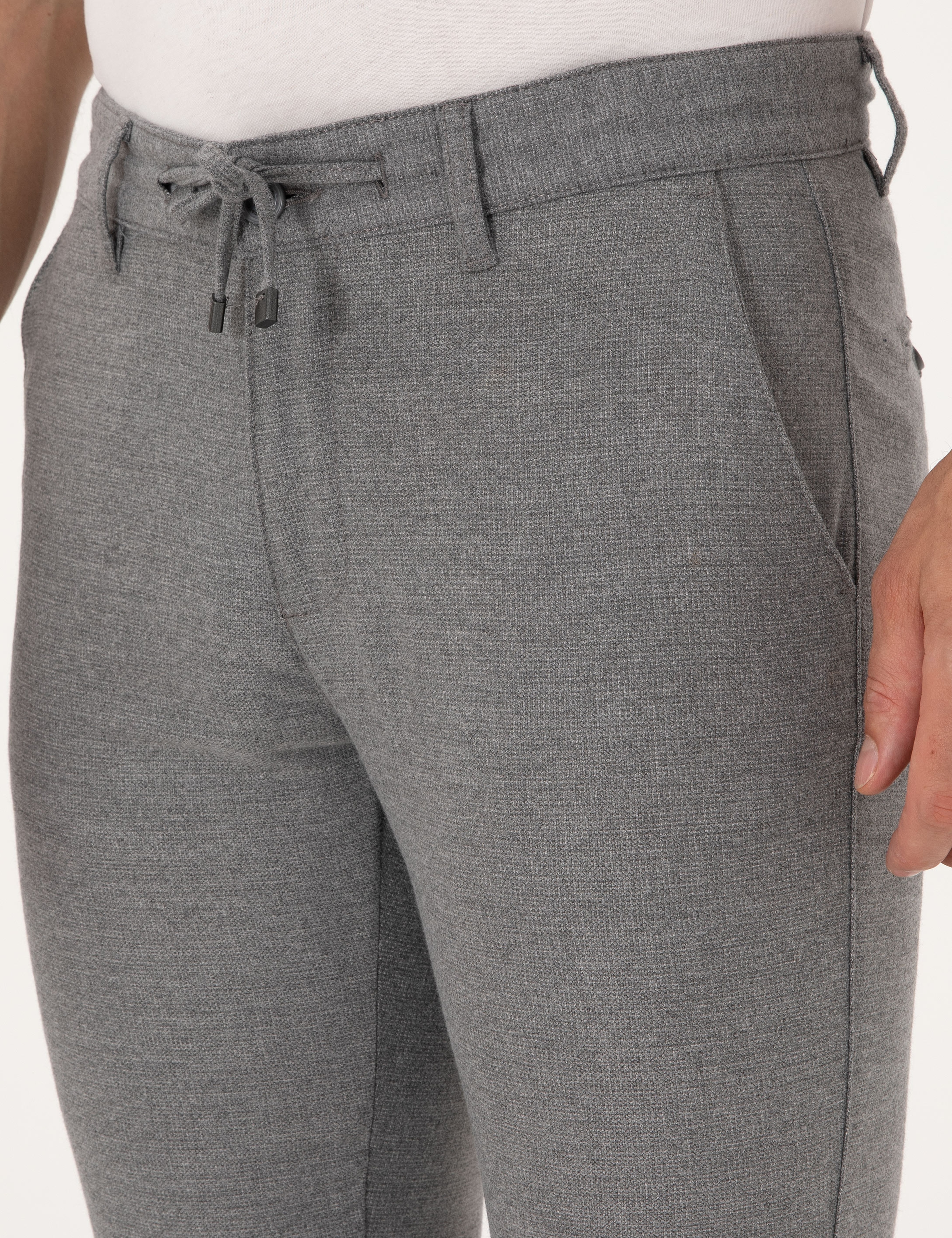 Gri Slim Fit Kordonlu Kanvas Pantolon - Image 5