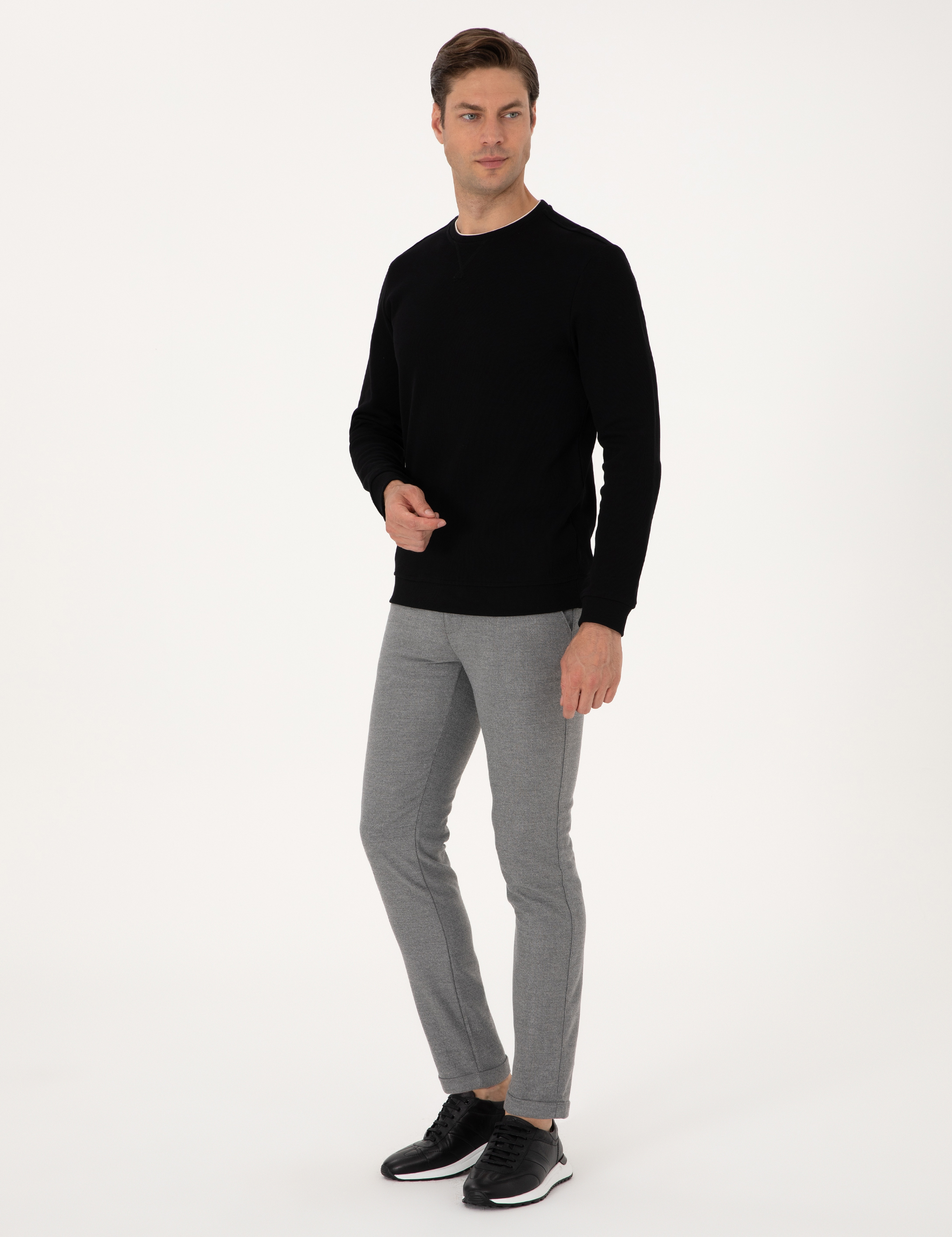 Gri Slim Fit Kordonlu Kanvas Pantolon - Image 3