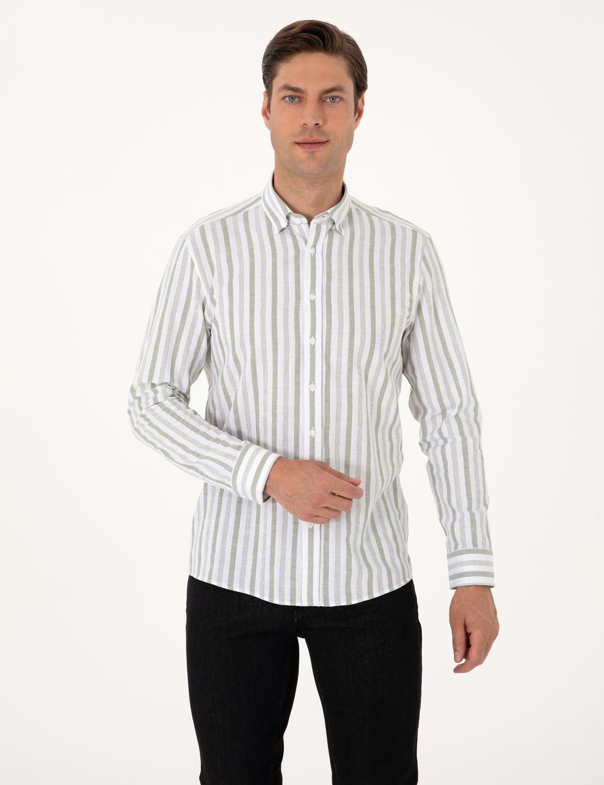Yeşil Regular Fit Çizgili Uzun Kollu Gömlek