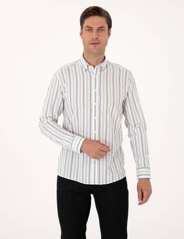 Yeşil Regular Fit Çizgili Uzun Kollu Gömlek