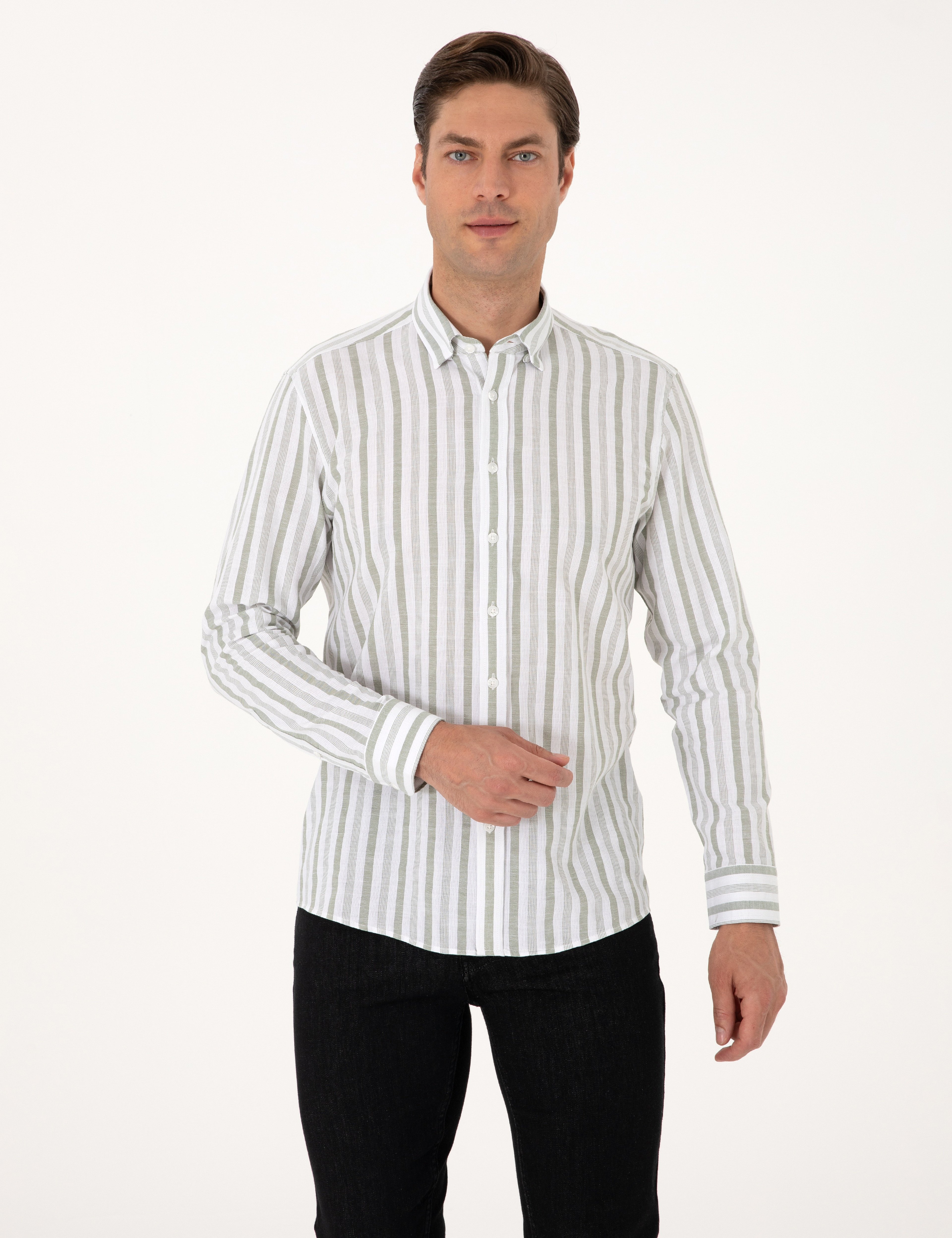 Yeşil Regular Fit Çizgili Uzun Kollu Gömlek