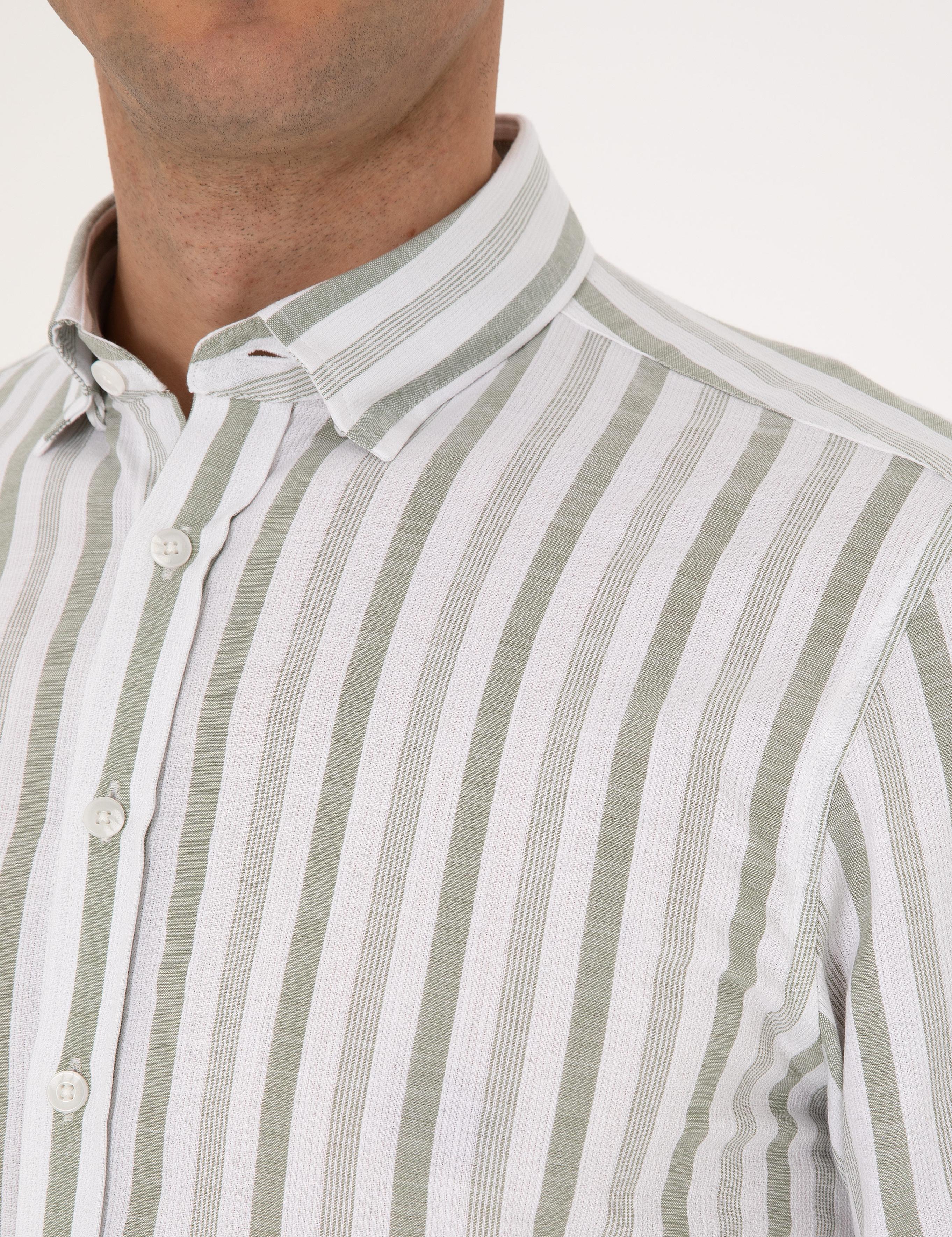 Yeşil Regular Fit Çizgili Uzun Kollu Gömlek