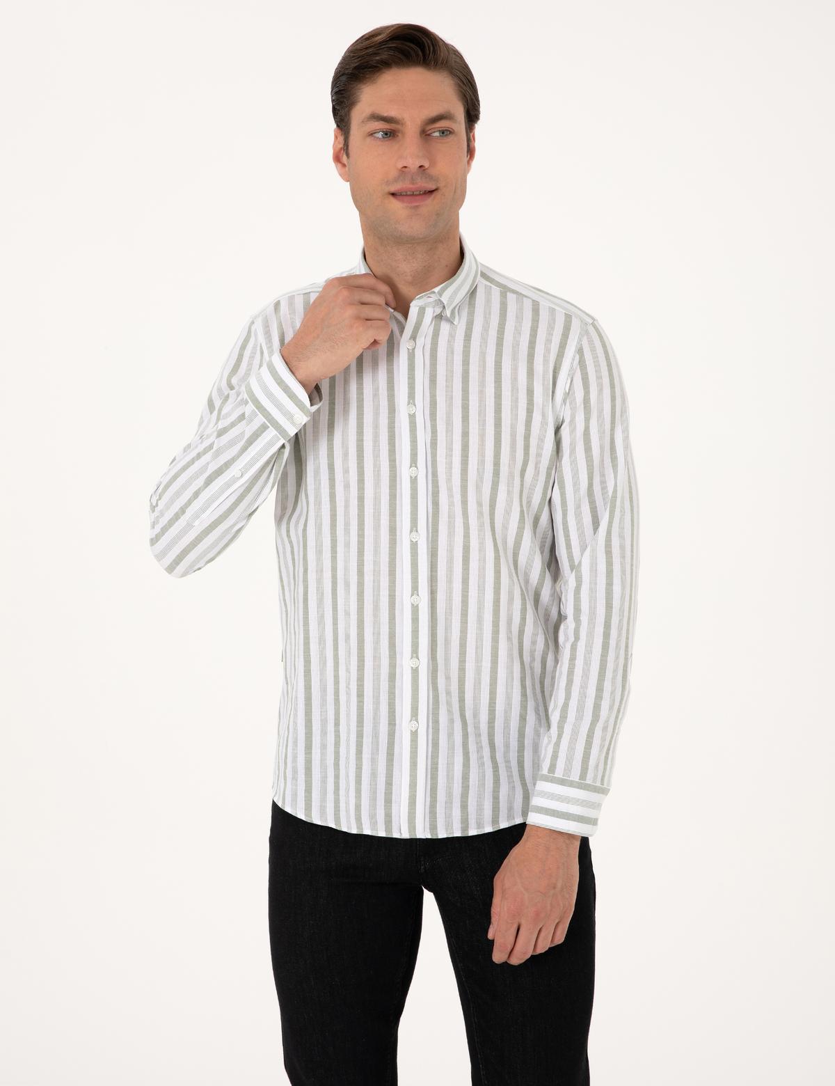 Yeşil Regular Fit Çizgili Uzun Kollu Gömlek - 50312269010