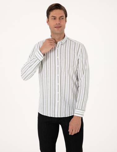 Yeşil Regular Fit Çizgili Uzun Kollu Gömlek