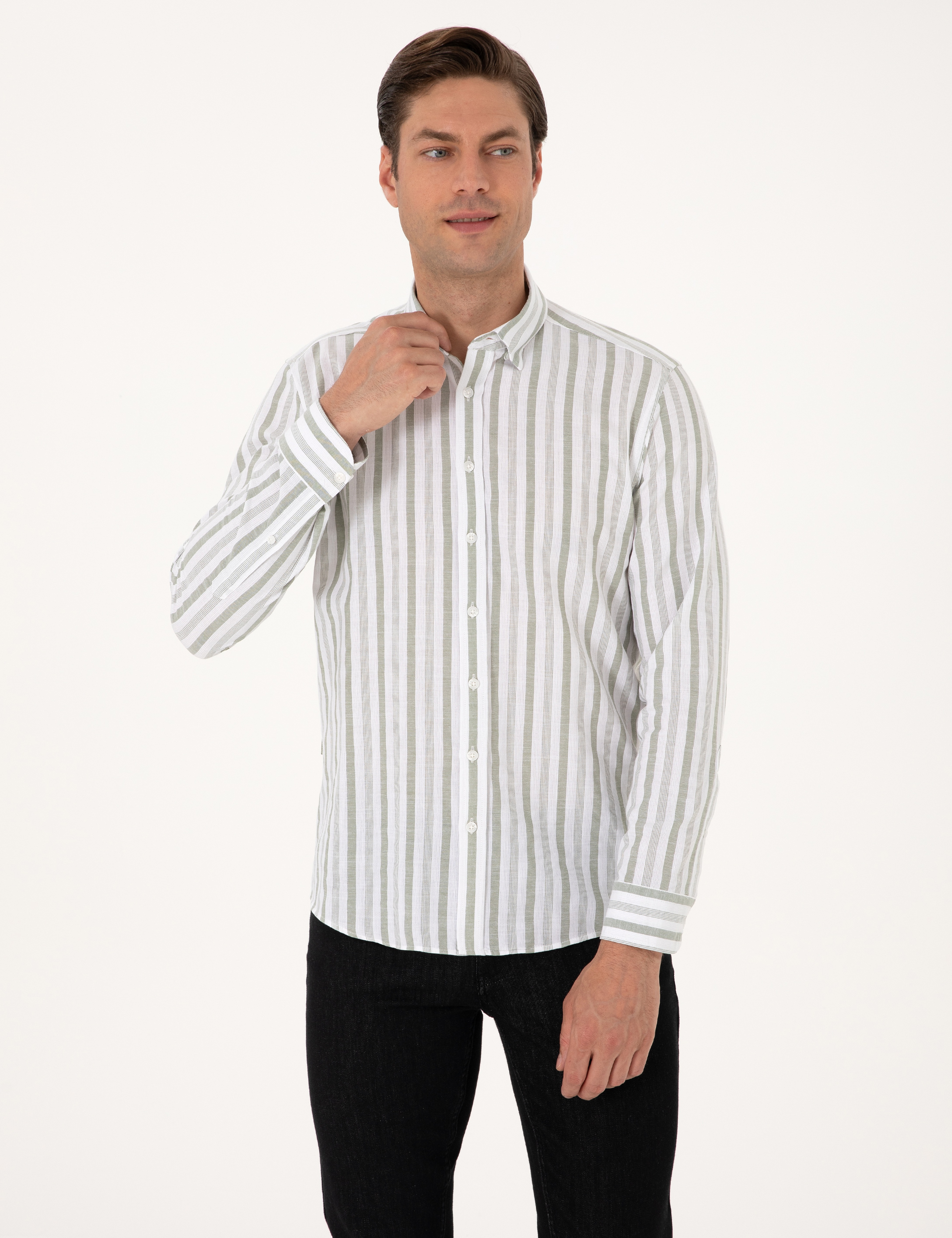 Yeşil Regular Fit Çizgili Uzun Kollu Gömlek - Image 3