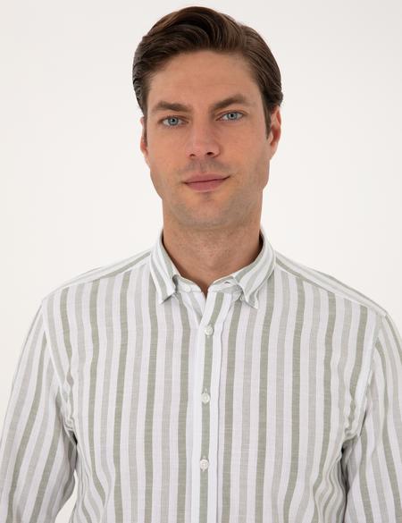 Yeşil Regular Fit Çizgili Uzun Kollu Gömlek - 50312269010