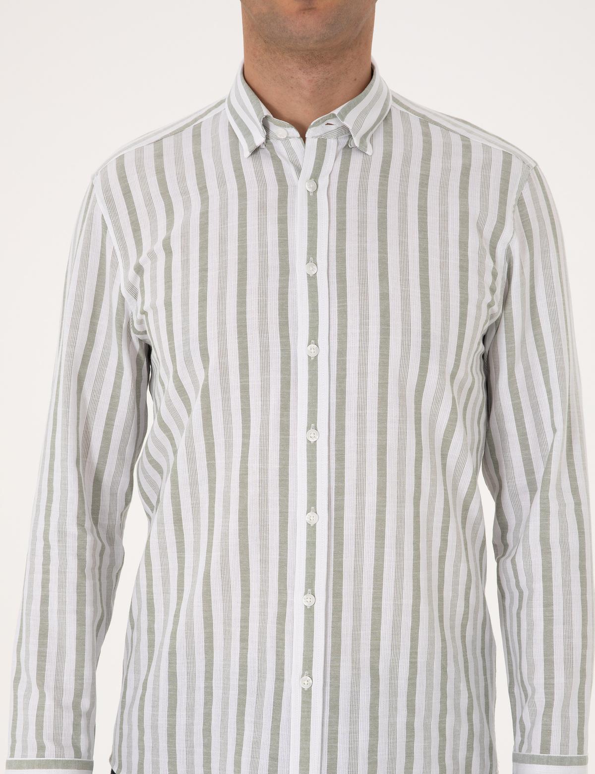 Yeşil Regular Fit Çizgili Uzun Kollu Gömlek - 50312269010