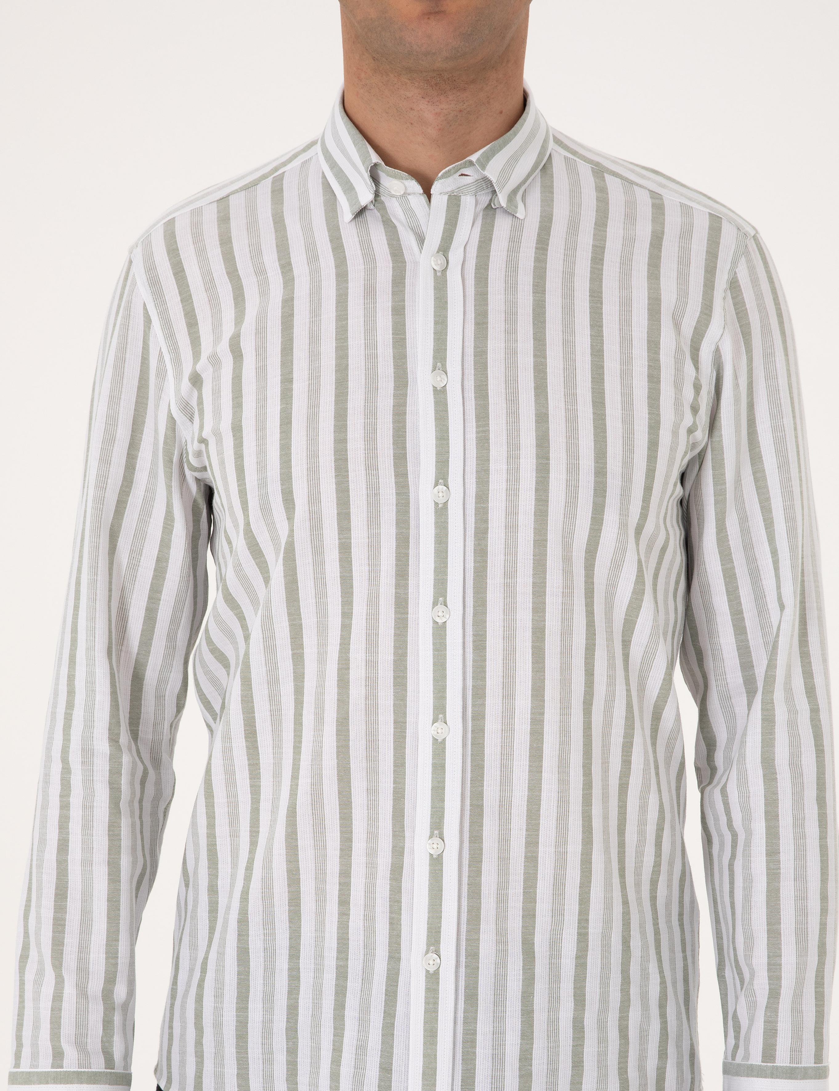 Yeşil Regular Fit Çizgili Uzun Kollu Gömlek
