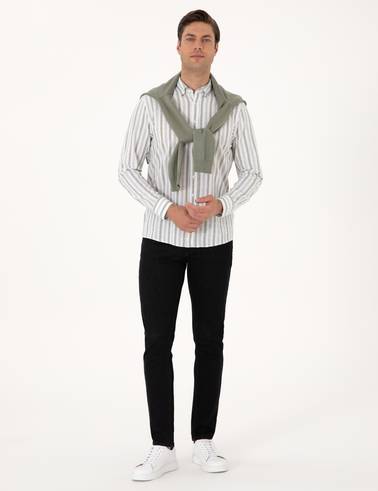 Yeşil Regular Fit Çizgili Uzun Kollu Gömlek