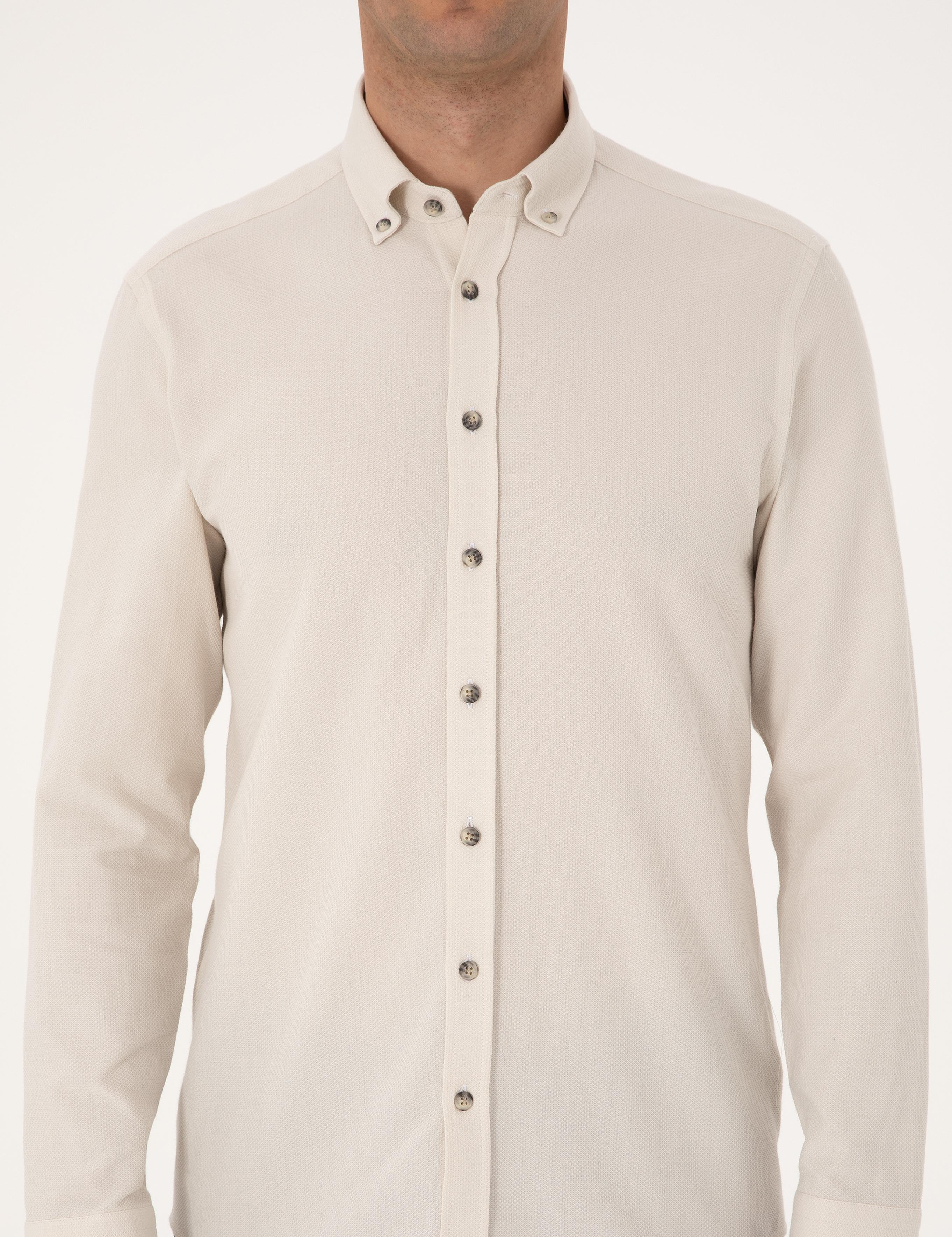 Bej Slim Fit Uzun Kollu Gömlek