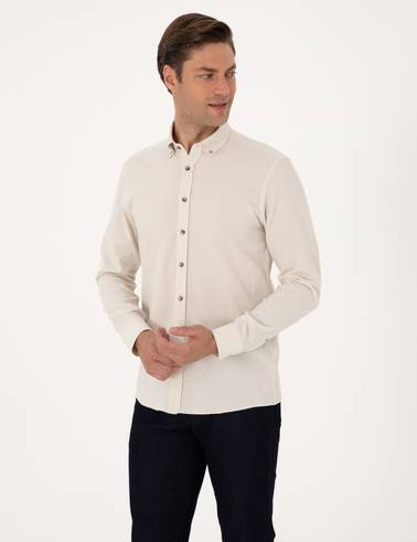 Bej Slim Fit Uzun Kollu Gömlek