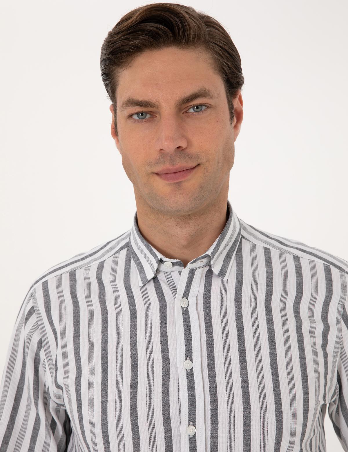 Siyah Regular Fit Çizgili Uzun Kollu Gömlek - 50312269001