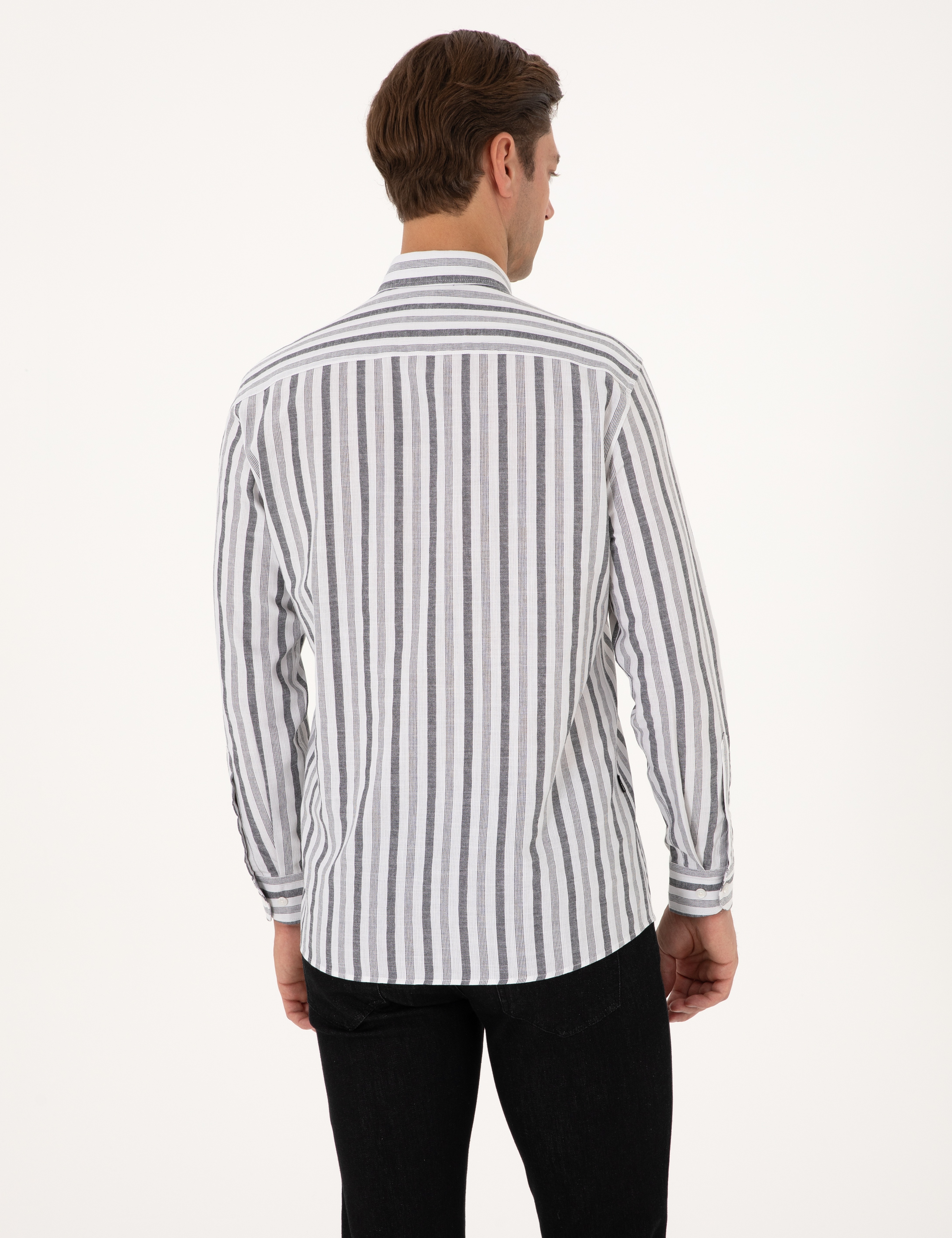 Siyah Regular Fit Çizgili Uzun Kollu Gömlek - Image 5