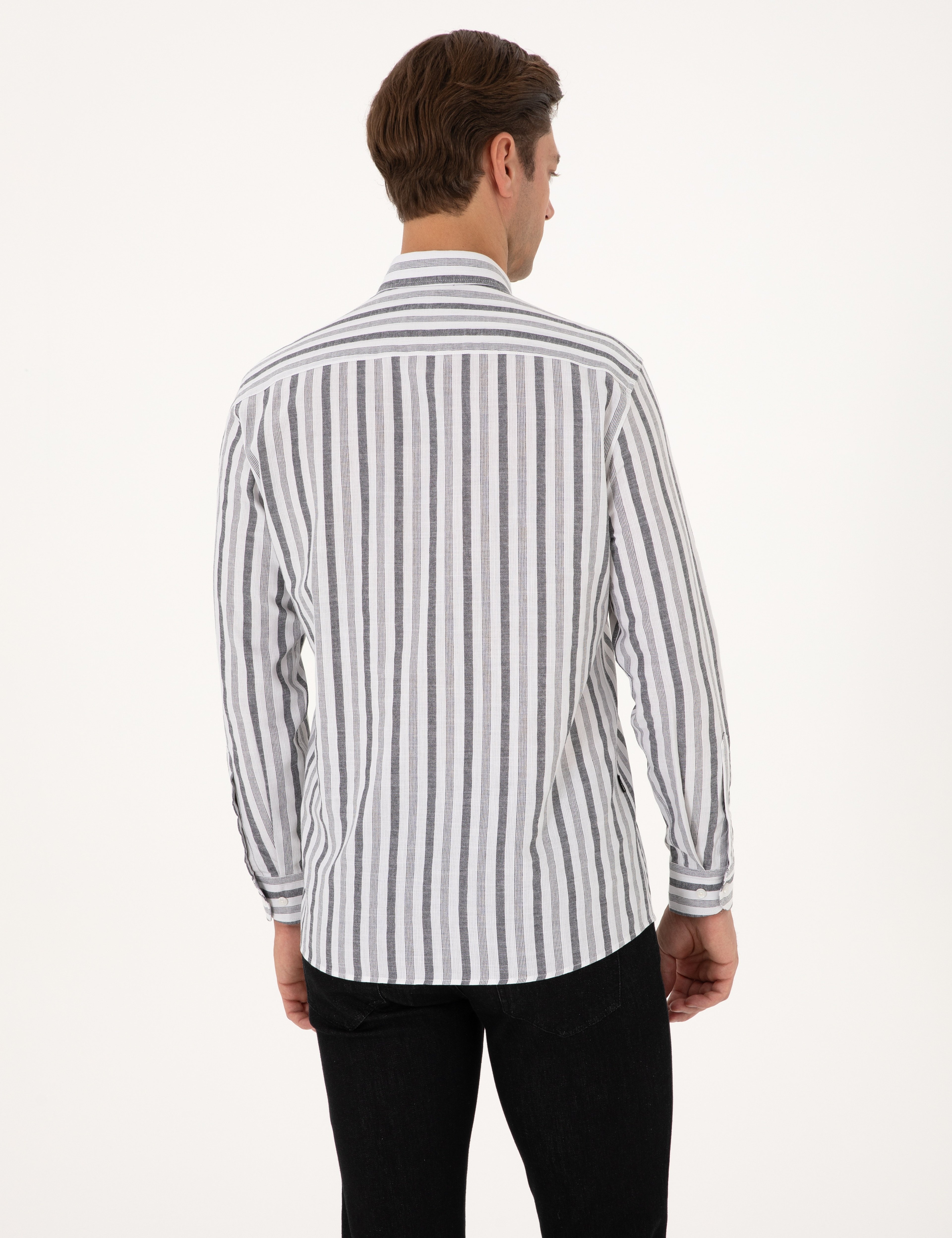 Siyah Regular Fit Çizgili Uzun Kollu Gömlek