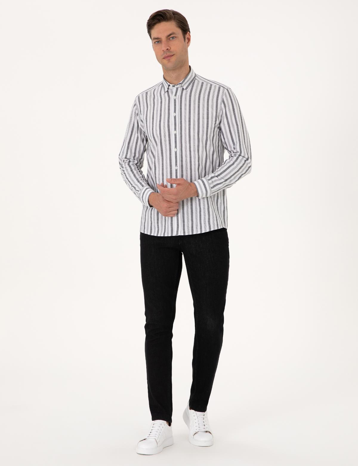 Siyah Regular Fit Çizgili Uzun Kollu Gömlek - 50312269001