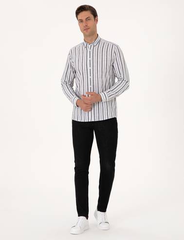 Siyah Regular Fit Çizgili Uzun Kollu Gömlek