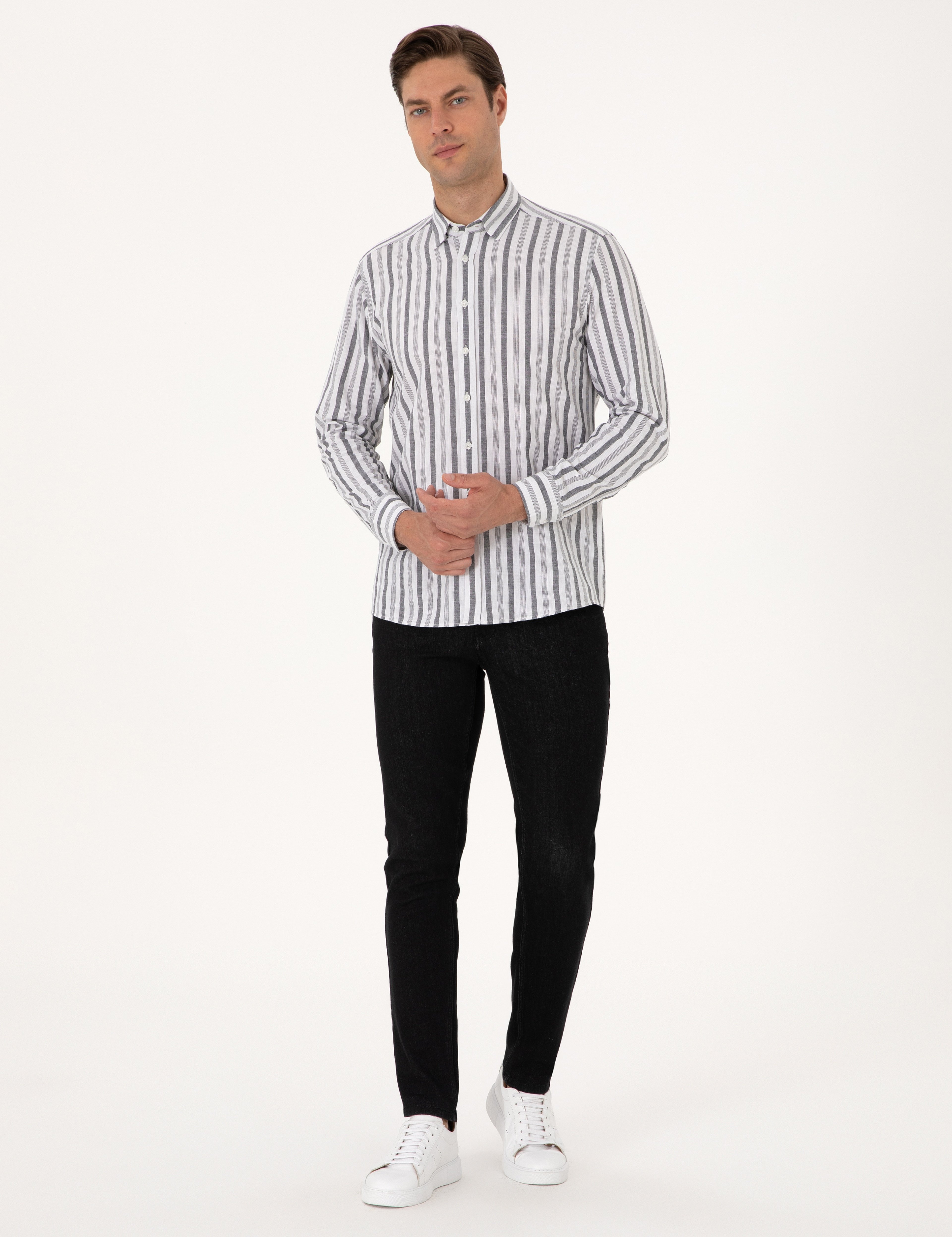 Siyah Regular Fit Çizgili Uzun Kollu Gömlek - Image 4