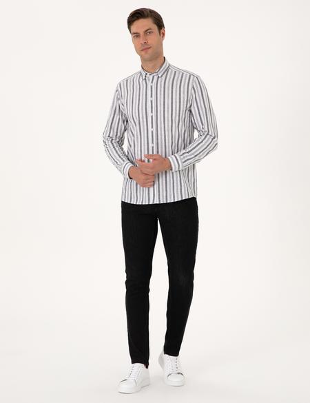 Siyah Regular Fit Çizgili Uzun Kollu Gömlek - 50312269001